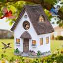 Bird Houses for Outside Rustic Cottage Birdhouse with Thatch Roof  Hand-Painted Resin Birdhouses for Outdoors for Bluebird Finches Cardinals Bird Nesting Garden, Patio, Yard (White)