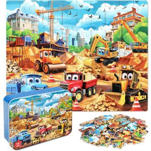 MZZOTOY Construction Vehicles Puzzles for Kids Ages 4-8, 60 Pieces Jigsaw Puzzles for Kids Ages 3-5 Puzzle for Girls and Boys Learning Educational Puzzles Toys in a Metal Box