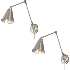 Kira Home Ellis 18" Vintage Industrial Swing Arm Wall Lamp + Adjustable Head, Plug in/Wall Mount + Cord Covers, Brushed Nickel Finish, 2-Pack