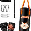 Kids Punching Bag with Gloves - PU Leather & Adjustable Height Strap - Boxing Bag Set for 3-8 Years Kids Great for Boxing, MMA, Kickboxing (Orange-Unfilled)