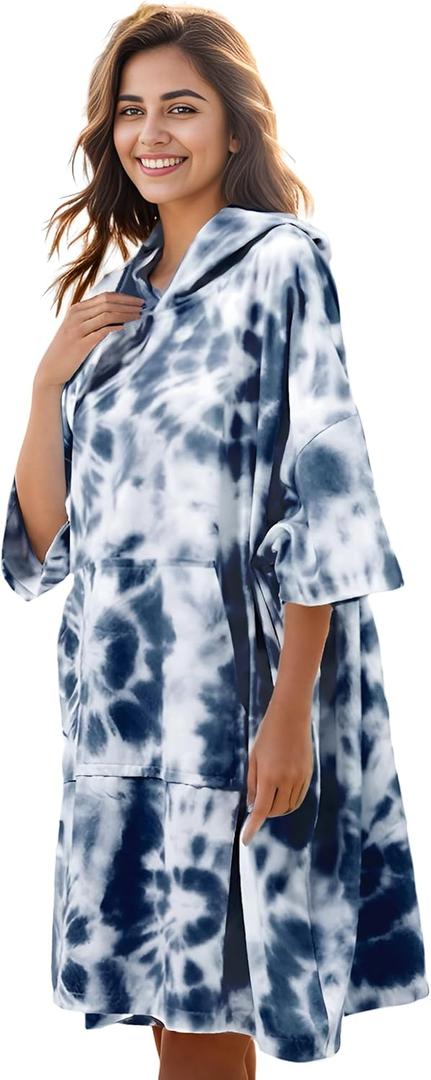KFUBUO Surf Poncho Changing Towel Swim Robe with Pocket Plus Size Terry Cloth Swim Cover Up for Women Towel Poncho Hoodie, One Size (Tie-dye Navy)