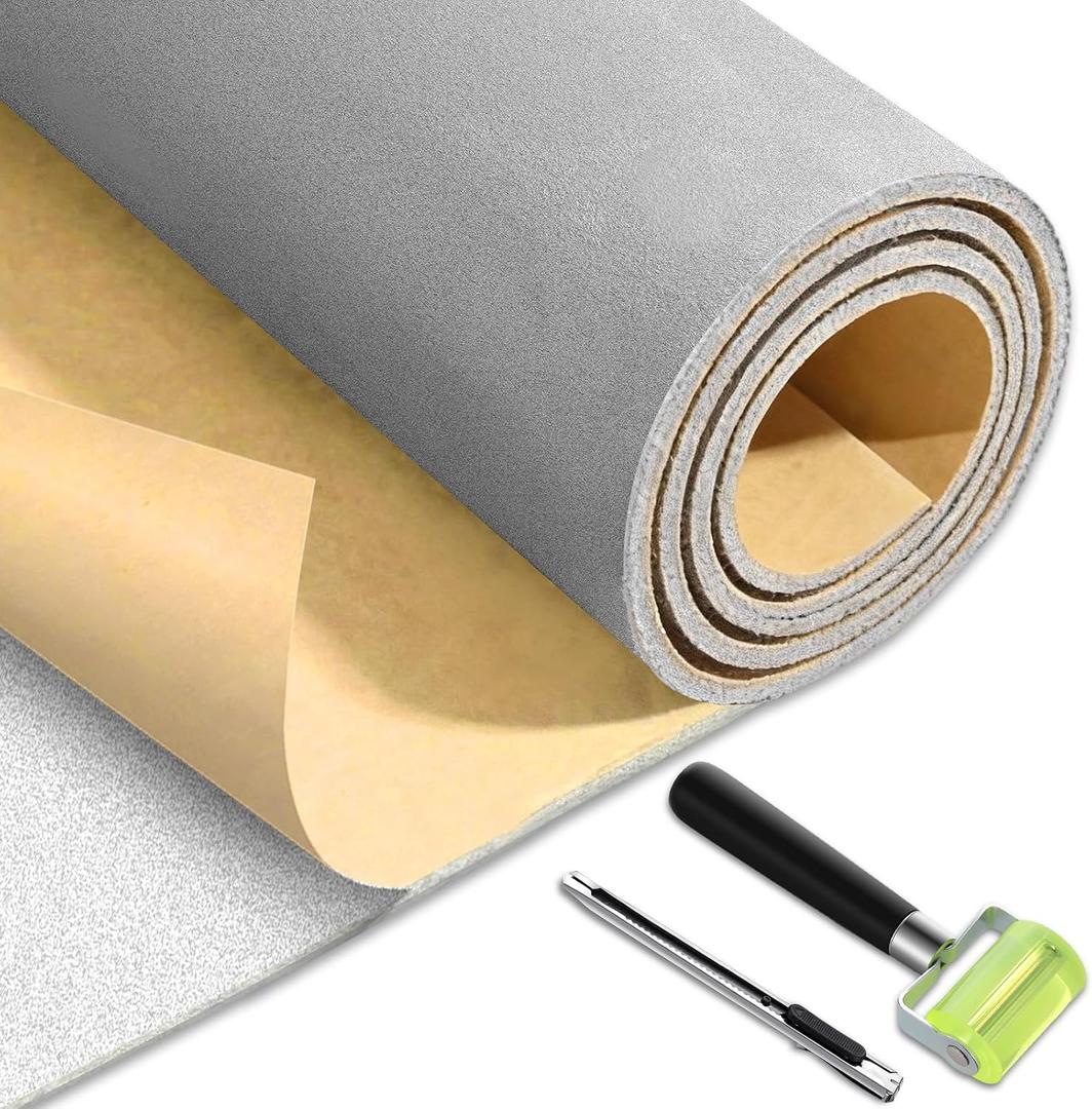 Self-Adhesive Auto Headliner Fabric 36×60 Inch Suede Headliner Replacement with Foam Backing Auto Roof Replacement Material with Roller and Knife for Car Truck SUV Rv Roof DIY(Gray)