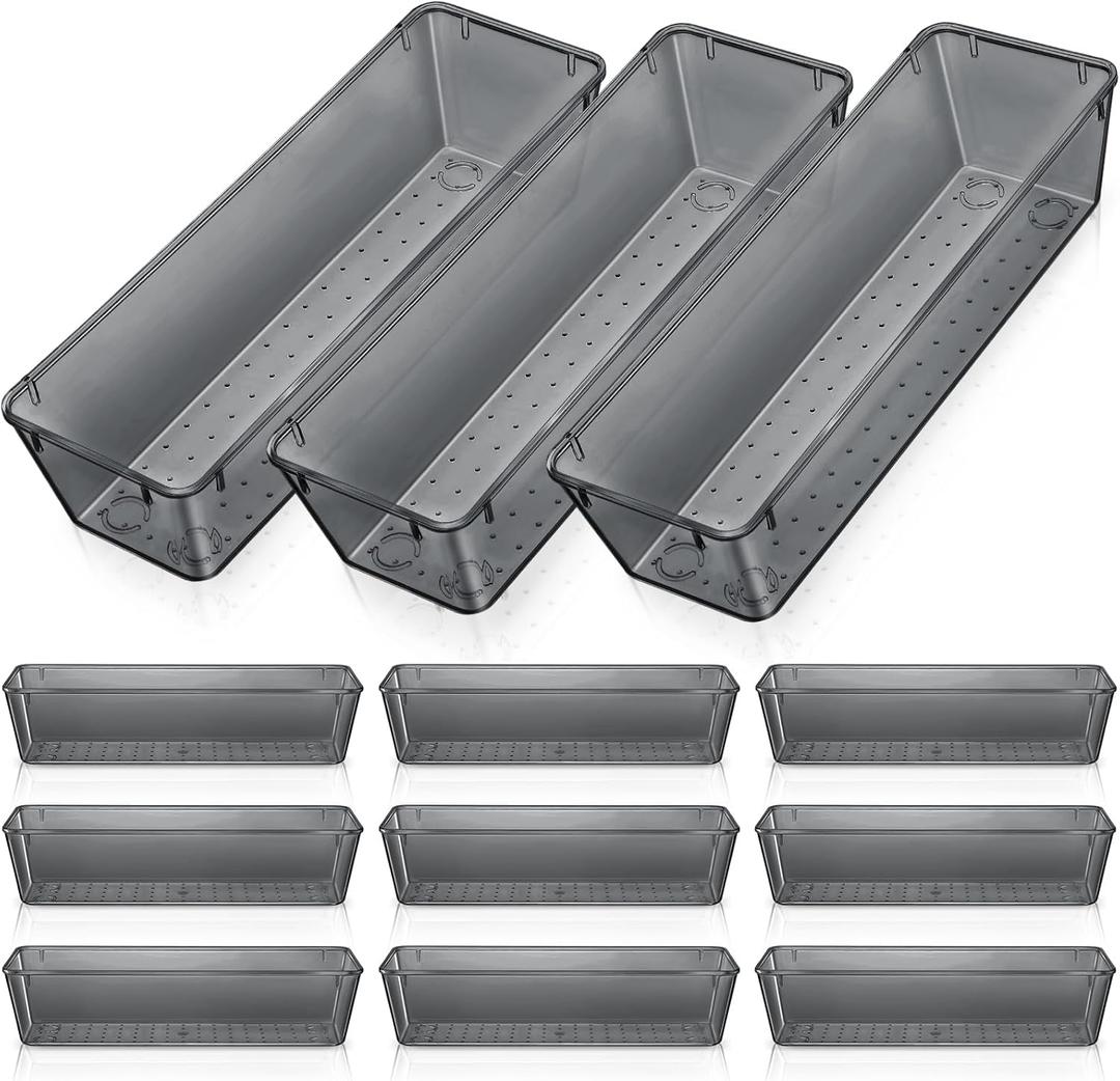 Maitys 12 Pcs Clear Drawer Organizer 9 x 3 x 2 Inches Plastic Rectangle Trays Makeup Vanity Storage Bins and Kitchen Drawers Dividers for Office Desk Silverware Kitchen Utensils(Black)