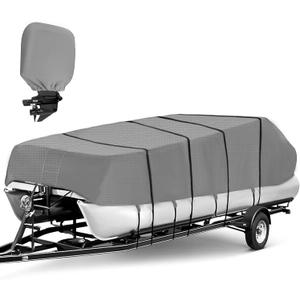 Obcursco Pontoon Boat Cover,20-23 ft Elastic Heavy Duty Waterproof with Motor Cover Resistant Oxford for Pontoon Deck Boats Accessories with Adjustable 16 Tie Down Straps (20-23ft,Gray) (20'-23' Long (Beam width up to 104'))