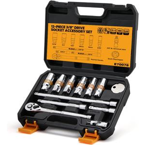 12-Piece 3/8" Drive Spark Plug Socket Set with Ratchet Handle, Universal Joint, Spark Plug Gapper & Extension Bar, 9/16", 5/8", 3/4", 13/16", 14mm, 18mm, CR-V Sockets with Rubber Holding Rings