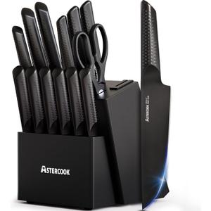 Astercook Knife Set, 15 Pieces Kitchen Knife Sets with Block and Built-in Knife Sharpener, German Stainless Steel Handle One-Piece Design Knives Block Set Dishwasher Safe, Black