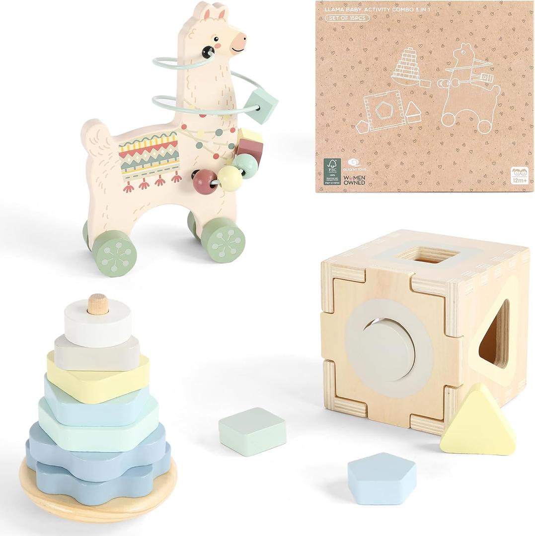 FReniland Montessori Toys for 1 Year Old3-in-1 Wooden Baby ToysWooden Stacking ToyToddler Shape Sorting Cube, Llama Ring Toy,Newborn Baby Gift Sets for Boys and Girls