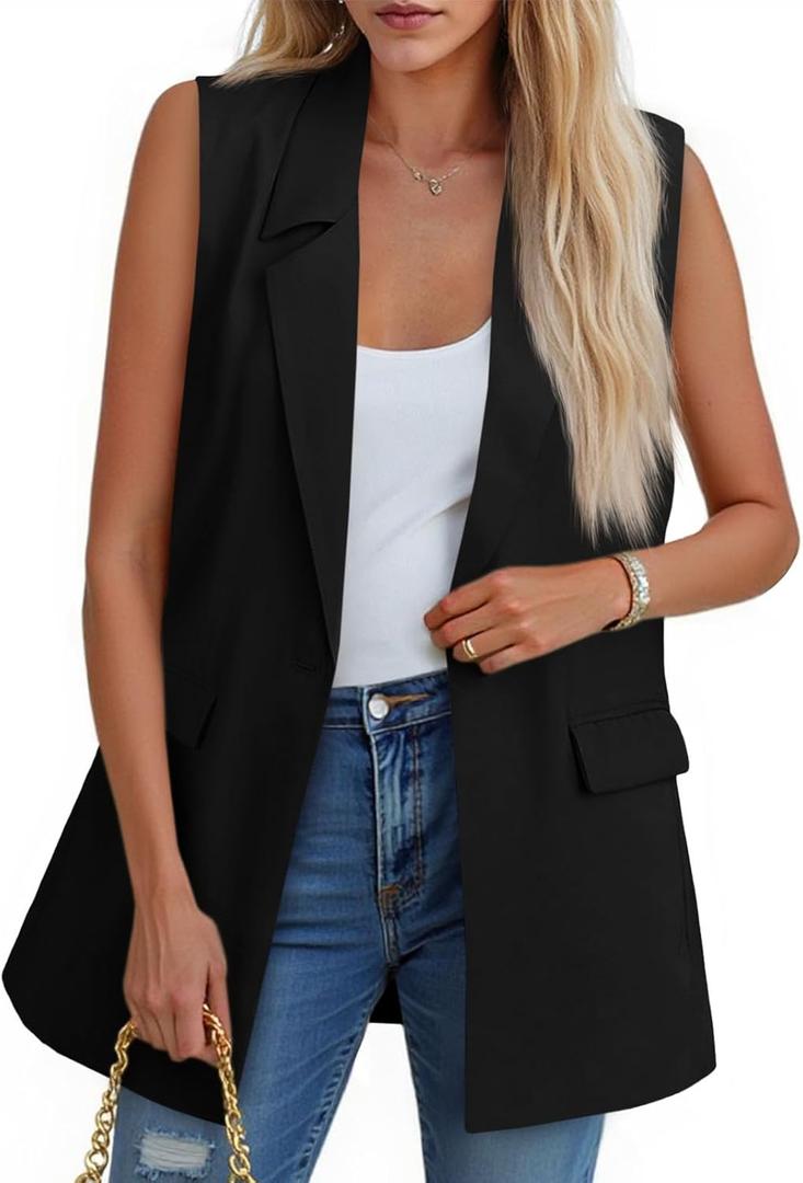 Cicy Bell Women's Sleeveless Blazer Vest Casual Open Front Single Button Summer Jacket with Pockets (Black, XL)