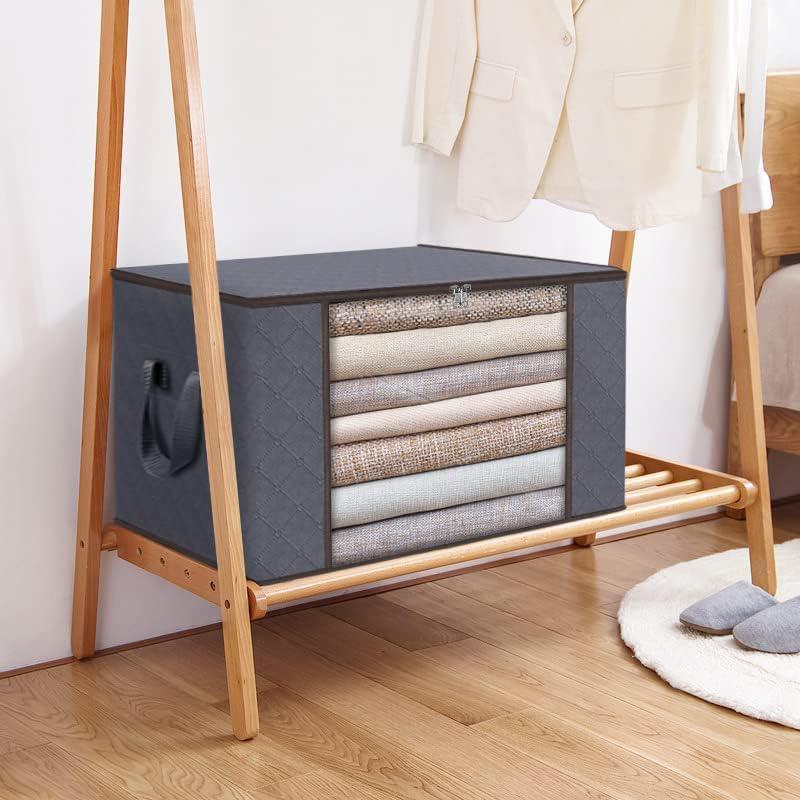 Foldable Storage Bag with Handles, 90L Large Clothes Storage Box for Blankets Pillows Bedding, Collapsible Fabric Organizer Container for Wardrobe Closet, Gray