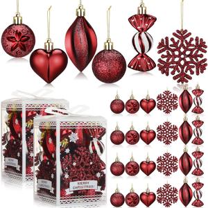 Realspring 52 Pcs Burgundy Christmas Ball Ornaments Set Red Shatterproof Plastic Tree Hanging Ornaments Color Christmas Decorations for Xmas Tree Wreath Wedding Holiday Party Decor