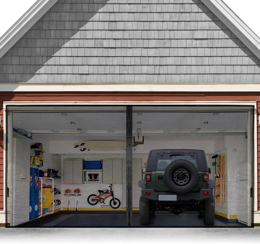 FEGO Magnetic Garage Hands Free Screen Door for 2 Car with Retractable Fiberglass, Mesh and Heavy Duty Weighted Bottom, Easy Assembly & Pass with 36 Magnets for Garage/Patio, Black, 16.3 X 7.15ft