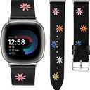 Wearlizer Leather Band Compatible with Fitbit Versa 4/Versa 3/Sense 2/Sense Band Women, Boho Cute Colorful Daisy Vibrant Floral Handmade Stitched Fancy Soft Leather Strap for Versa 3 4 Sense 2 (Black/Silver)