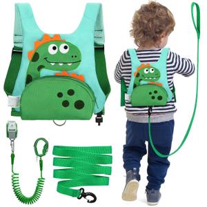 Dr.meter 3 in 1 Toddler Harness Leash + 8.2ft Anti Lost Wrist Link, Cute Dinosaur Kids Safety Harness Tether with Key Lock, Child Protective Leashes While Walking for Outdoor Activity Keep Kids Close (Green)
