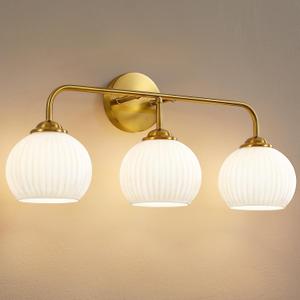 RUIYEY Bathroom Vanity Light Fixtures: 3-Lights Lantern Gold Vanity Lights for Bathroom, 23.6 Inch E26 60W Modern Bathroom Lighting Fixture with Milky White Glass for Bath Restroom