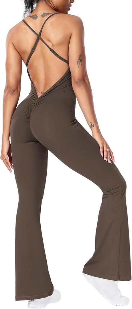 YEOREO Women One Piece Flare Jumpsuits Sexy Sleeveless Backless Wide Leg Gym Bodycon V Back Scrunch Butt Full Body Yoga Rompers Coffee, Large