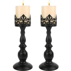 Candle Holders for Pillar Candles Gothic Matte Black Vintage Tall Candle Holders Set of 2 Decorative Large Table Centerpieces Candle Stand Decor (Black 2PCS A)