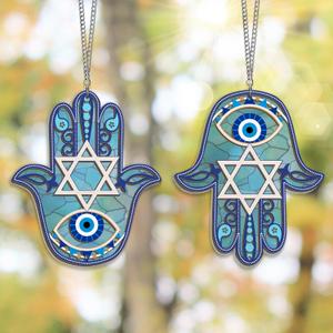 Hamsa Hand Hanukkah Decor Stained Glass Window Hanging Suncatcher Chanukkah Stained Glass Suncatcher Decors, Jewish Sun Catchers Hanging Sign Indoor Window, for Jews Judaism Home Wall Door Ornaments