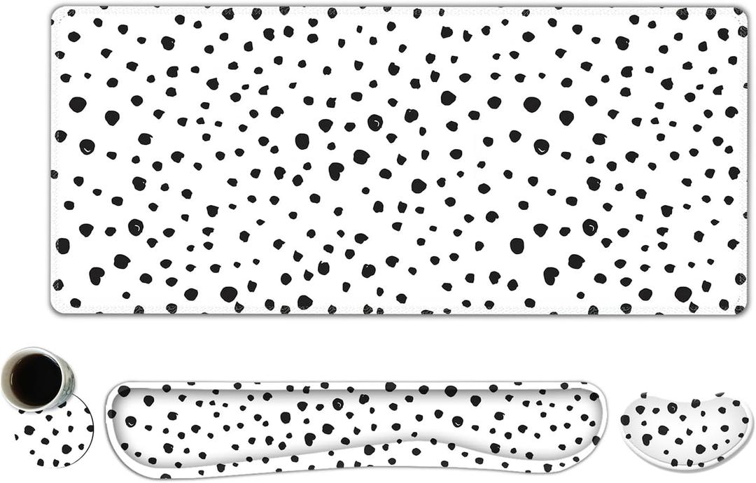 ToLuLu Extended Gaming Mouse Pad, Memory Foam Ergonomic Keyboard Mouse Wrist Rest Support Set, Large Desk Mat with Stitched Edges, Non-Slip Base Mousepad for Home Office Game and Study, Polka Dots