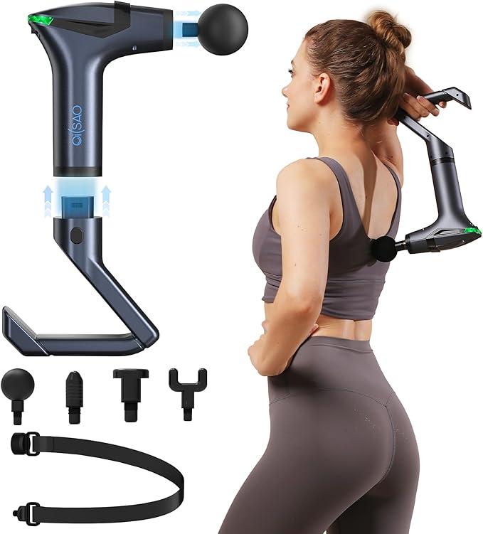 3-in-1 Percussion Massage Gun with Extension Handle, Detachable Muscle Massage Gun Deep Tissue for Back, Neck, Shoulder, Thigh Pain Relief, Portable&Quiet for Travel Gym Office-12 Speeds & 4 Heads