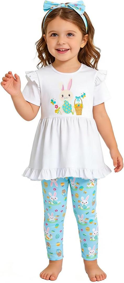 LATOBREATH Baby Girls Toddler Happy Easter Bunny Outfit Short Sleeves Set, 5-6Y