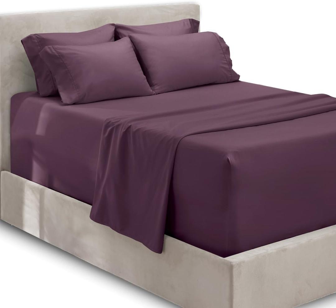 Hearth & Harbor Luxury Soft 6 Piece Bed Sheet Set Extra Deep Pocket Fitted Sheets Fits Mattress up to 21", Double Brushed Bedding, King, Eggplant