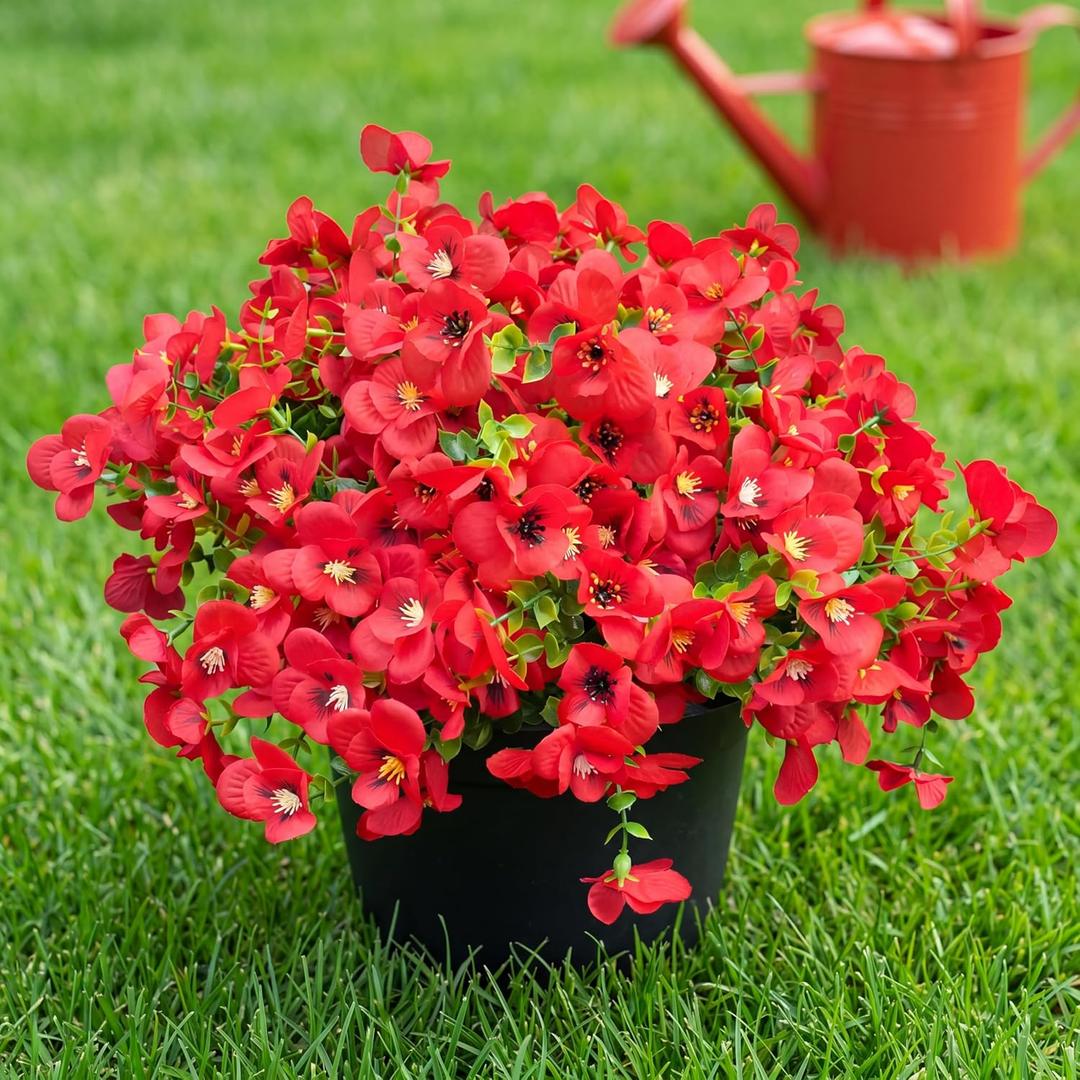 Artificial Flowers for Outdoor, UV Resistant Fake Silk Pansies Flowers, Realistic Faux Plants for Outside Indoor Porch Patio Window Box Planter Home Decor (16, Red)