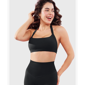 YEOREO Roxanie Women Halter Sports Bra Scoop Neck Removable Padded Open Back Yoga Workout Crop Tank Top, XL, Black