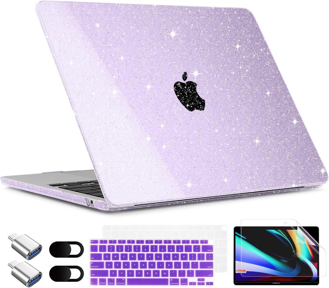 TWOLSKOO for MacBook Air 13.3 inch Case 2021-2018 M1 A2337 A2179 A1932 with Retina Display, Plastic Hard Shell Case with Keyboard Cover & Type C Adapter 2 Pack & Camera Cover, Glitter Purple