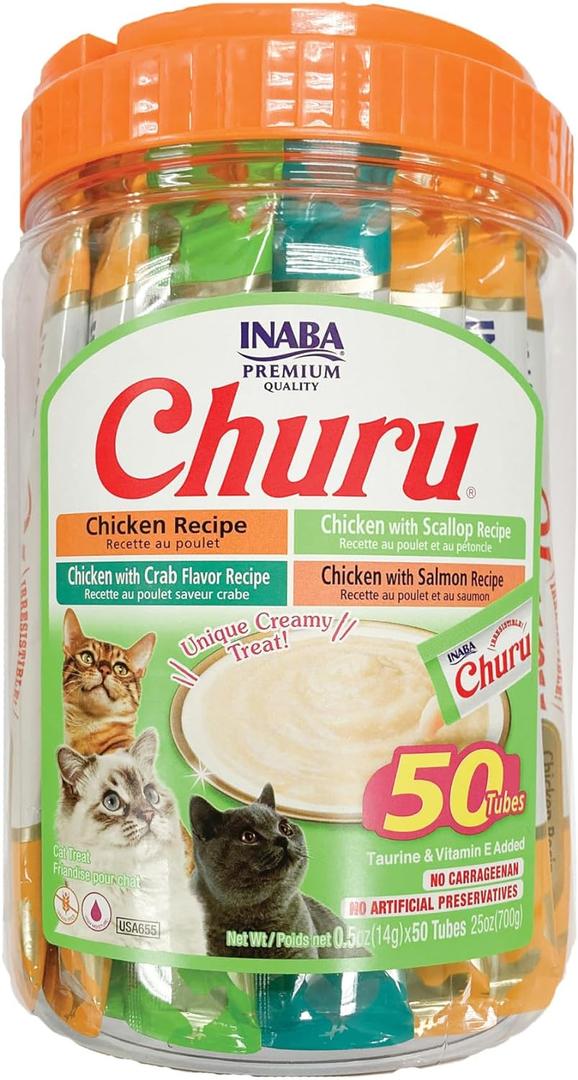 INABA Churu Cat Treats, Grain-Free, Lickable, Squeezable Creamy Pure Cat Treat/Topper with Vitamin E & Taurine, Each 0.5 Ounce (Pack of 50), 50 Tubes, Chicken & Seafood Variety, Best By 09/25/2025