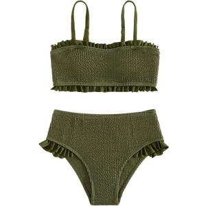 SOLY HUX Girl's Smocked Frill Trim Bikini Set Bathing Suits 2 Piece Swimsuit (Army Green)