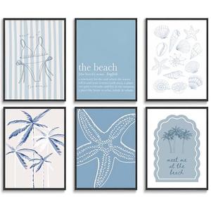 6Pcs Blue Coastal Wall Art Summer Beach Shell Wall Decor Pictures Light Blue Bikini Plant Starfish Posters Canvas Prints for Modern Shoreside Themed Home Decoration Bathroom Room Decoration Unframed