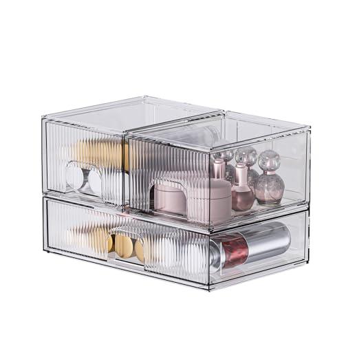 ZHIAI 3 Pack Clear Stackable Cosmetic Organizer with Acrylic Drawers for Cosmetics and Small Items for Dresser, Vanity, Kitchen Cabinet, Pantry, Home Organization and Storage