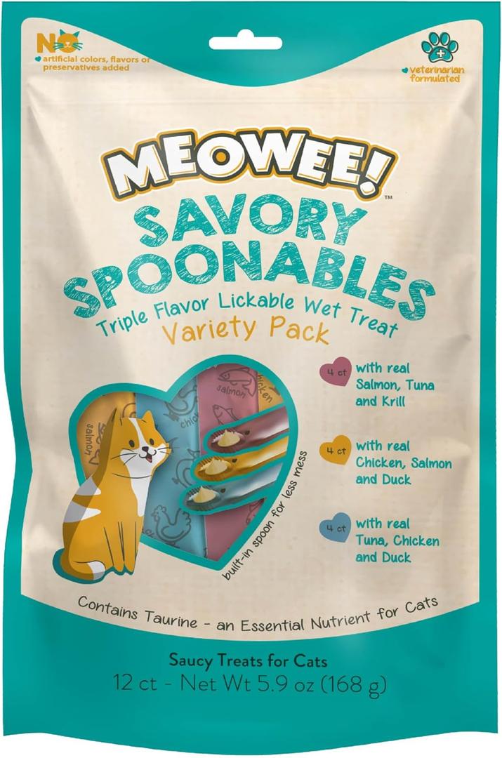 3 x MEOWEE! Savory Spoonables Variety Pack, 12 Count Tube, Triple Flavor Squeezable Lickable Wet Treats for Cats with Built-in Spoon for Less Mess (EXP 10/18/26)