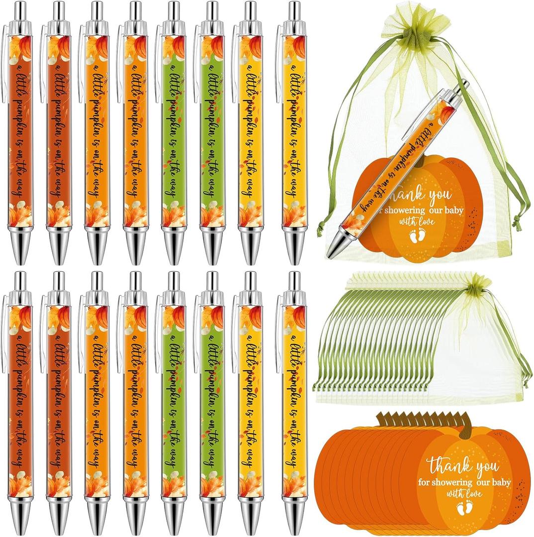 Tenceur 48 Sets Thanksgiving Baby Shower Gifts Bulk Pumpkin Ballpoint Pens Favors with Thank You Cards Organza Bag Pumpkin Ballpoint Pens Set for Thanksgiving Baby Shower Party Favors Gifts