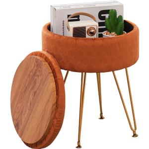 Cpintltr Modern Velvet Foot Rest Stool Upholstered Round Storage Ottomans Multipurpose Dressing Stools Luxury Home Decor Ottoman Coffee Table Top Cover Footstool with Metal Legs Pumpkin Brown