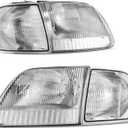 AUTOSAVER88 Headlight Assembly Compatible with 97-03 Ford F-150/97-02 Ford Expedition Pickup Headlamp Replacement Chrome Housing Clear Lens