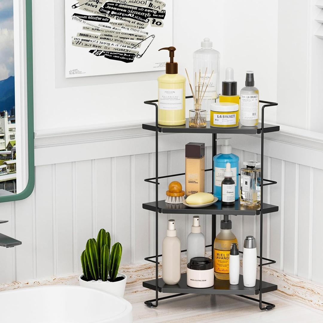 BOIVSHI 3-Tier Bathroom Organizer, Bathroom Counter Organizer, Bathroom Organizers and Storage for Bathroom, Kitchen Counter, Corner Storage Shelf for Bedroom Storage Makeup Skincare Perfume (Black)