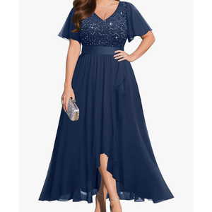 Pinup Fashion Plus Size Formal Dress - Evening Wedding Guest Cocktail Sequin Chiffon Long Dresses with Slit. Size 14W