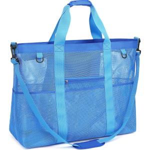 Mesh Beach Bag, Large Beach Tote with Zipper Pocket, Toys Pool Bag for Family Travel Vacation Cruise Essentials (Xxl, Zipper Closure - Blue)