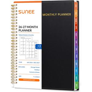 SUNEE Monthly Planner 20262027 (Jan 2026 to Dec 2027)  Large 7" x 10" Organizer with Tabs, Note Pages, 100 GSM Paper, 24-Month Calendar, Spiral Bound for Office, School, Women, Men, Black