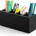 Bivvclaz Pencil Pen Holder for Desk, Wooden Office Desk Organizers and Accessories with 4 Slots for Countertop, Makeup Brush Holder Organizer for Bathroom Vanity, Silverware Caddy for Party, Black