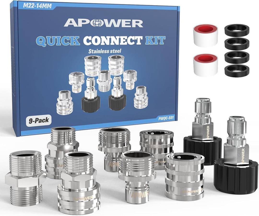 Pressure Washer Quick Connect Kit, M22-14mm to 3/8" Male Female Quick Disconnect Kit for Power Washer, 3/4 Inch Hose Fittings Adapter Set, Stainless Steel, 9 Set