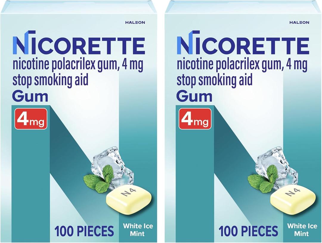 Nicorette Nicotine Gum Stop Smoking Aid, 4 mg, White Ice Mint Flavor - 100 Count (Pack of 2)