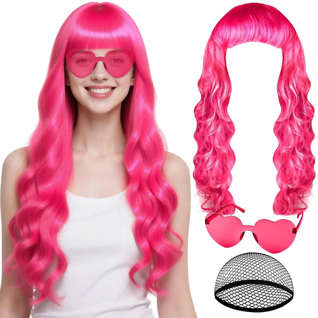 PLULON Hot Pink Neon Wigs for Women with Heart Sunglasses, Colorful Long Curly Wigs Synthetic Colored Funny Cosplay Hairpieces for Daily Bachelorette Halloween Costume Party Decorations