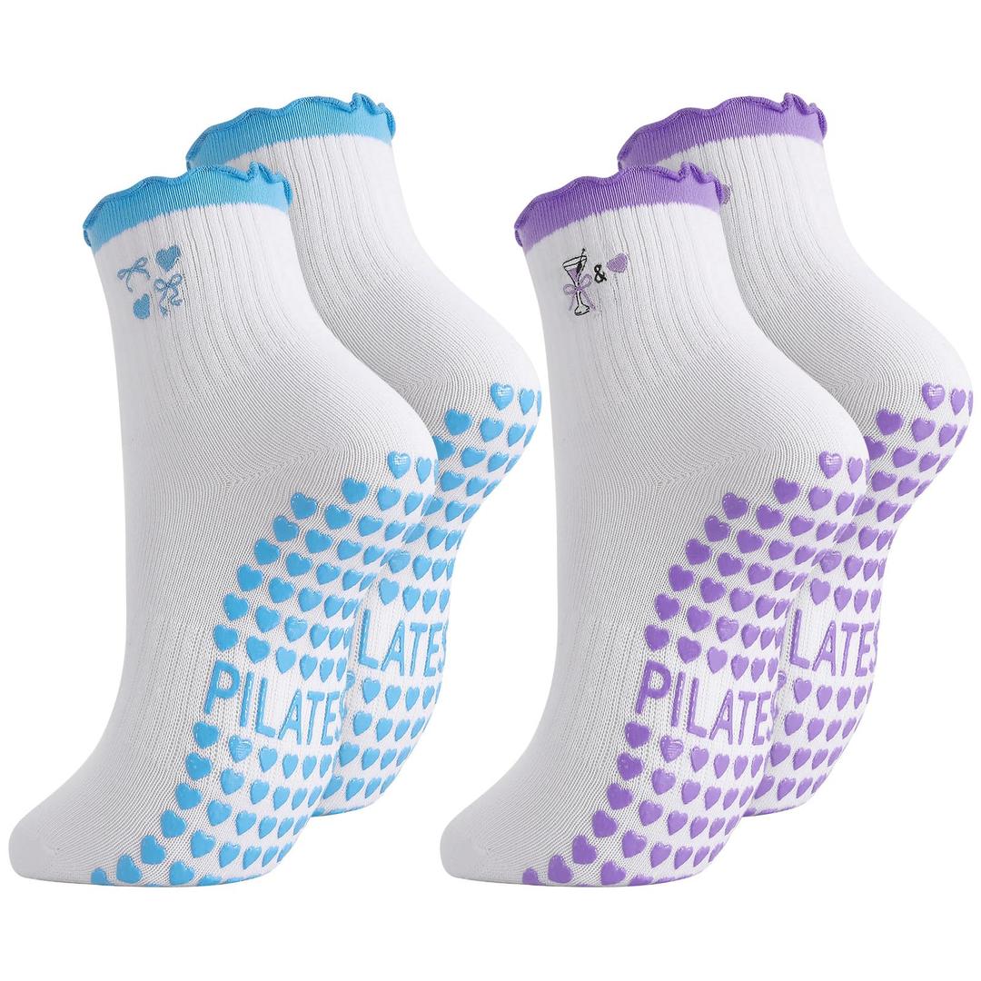Jspupifip Embroidery Non Slip Cotton Yoga Pilates Socks for Women (White)