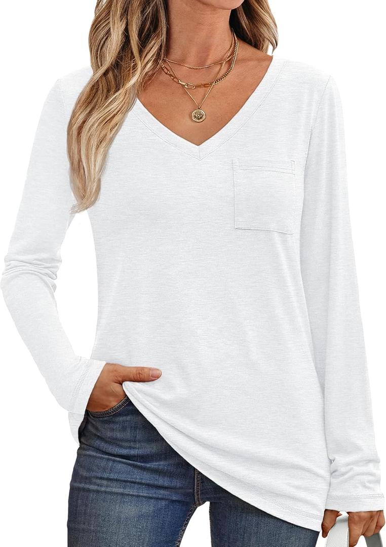 AUTOMET Womens Long Sleeve Shirts V Neck Casual Tops with Pockets Loose Dressy Basic Fall Outfits Clothes Winter Trendy 2025 (Small, White)