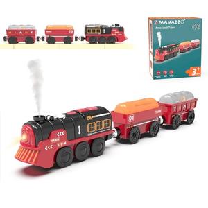 Toy Train Electric Train Set for Wooden Tracks, Christmas Motorized Train Toys for Toddlers, Battery Operated Train Includes Lights, Sounds, Smoke, Steam Train Compatible with Thomas, Brio