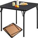 FurnitureR 33.9 Inch Square Folding Table, Multi-Functional Card Table for Holiday Hosting, Game Nights, Small-Space Dining, Portable Indoor Outdoor Use, Black PVC Top & Metal Frame