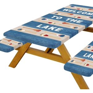 DYNH Picnic Table Cover with Bench Covers,Boat Paddle House Theme Decor,Welcome to The Lake Tablecloths,for 6 Ft Rectangle Tables and Seats,with Drawstring Bag(30x72 Inches)
