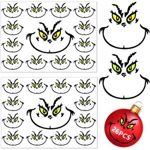 26 PCS Christmas Decorations Stickers, Yellow and Green Eyes Face Decals for Ornaments, Waterproof Vinyl Sticker for The Home, Christmas Balls, Party Supplies, Water Bottles